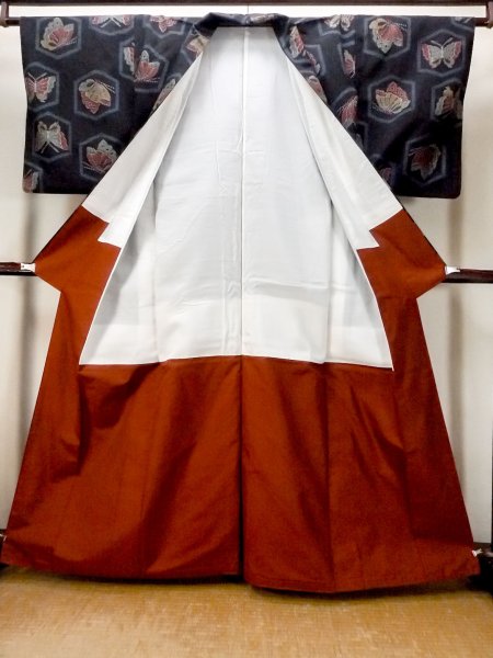 Photo2: N1210X Used Japanese kimono   Black TSUMUGI pongee for women / Silk. Butterfly,   (Grade B) (2)