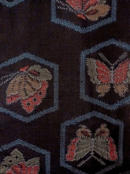 Photo3: N1210X Used Japanese kimono   Black TSUMUGI pongee for women / Silk. Butterfly,   (Grade B) (3)