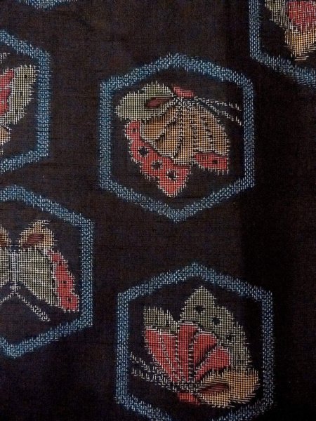 Photo4: N1210X Used Japanese kimono   Black TSUMUGI pongee for women / Silk. Butterfly,   (Grade B) (4)