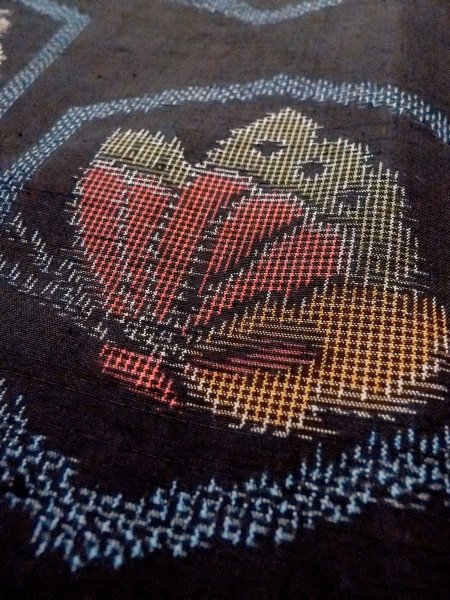 Photo9: N1210X Used Japanese kimono   Black TSUMUGI pongee for women / Silk. Butterfly,   (Grade B) (9)