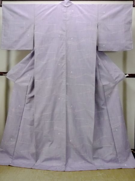 Photo1: N1210Y Used Japanese kimono Pale Grayish Light Blue TSUMUGI pongee for women / Silk. Geometrical pattern   (Grade B) (1)