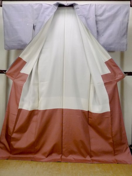 Photo2: N1210Y Used Japanese kimono Pale Grayish Light Blue TSUMUGI pongee for women / Silk. Geometrical pattern   (Grade B) (2)