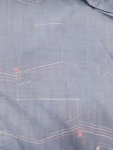 Photo3: N1210Y Used Japanese kimono Pale Grayish Light Blue TSUMUGI pongee for women / Silk. Geometrical pattern   (Grade B) (3)