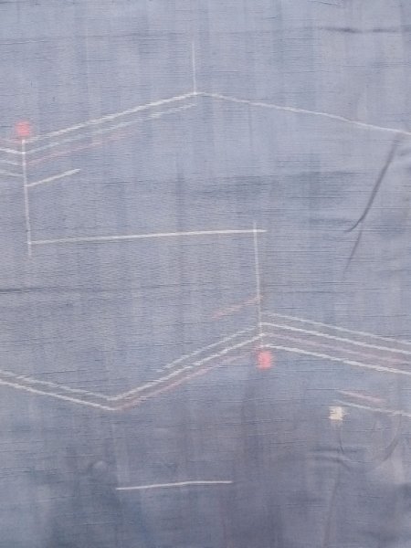 Photo4: N1210Y Used Japanese kimono Pale Grayish Light Blue TSUMUGI pongee for women / Silk. Geometrical pattern   (Grade B) (4)