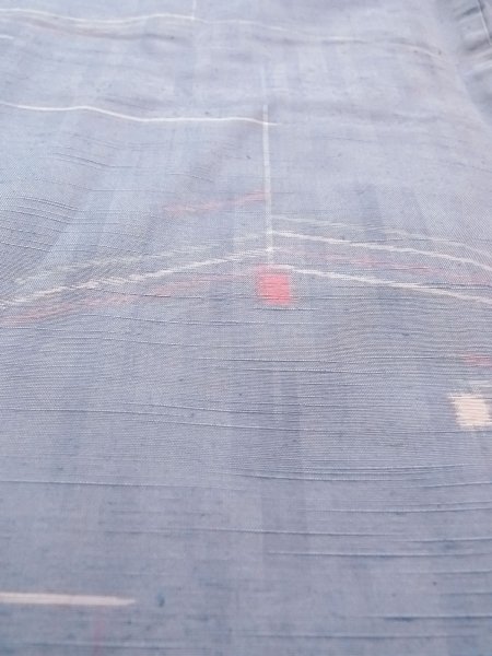 Photo10: N1210Y Used Japanese kimono Pale Grayish Light Blue TSUMUGI pongee for women / Silk. Geometrical pattern   (Grade B) (10)