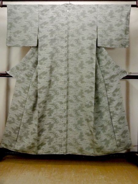 Photo1: N1210Z Used Japanese kimono Pale Grayish Green EDO KOMON pattern dyed for women / Silk. Flower,   (Grade B) (1)