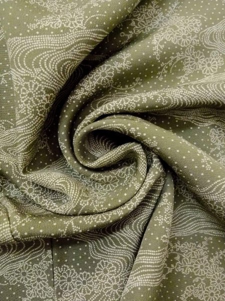 Photo12: N1210Z Used Japanese kimono Pale Grayish Green EDO KOMON pattern dyed for women / Silk. Flower,   (Grade B) (12)