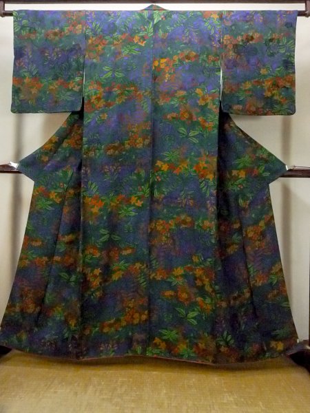 Photo1: N1211A Used Japanese kimono  Dark Navy Blue KOMON dyed for women / Silk. UME plum bloom,   (Grade B) (1)