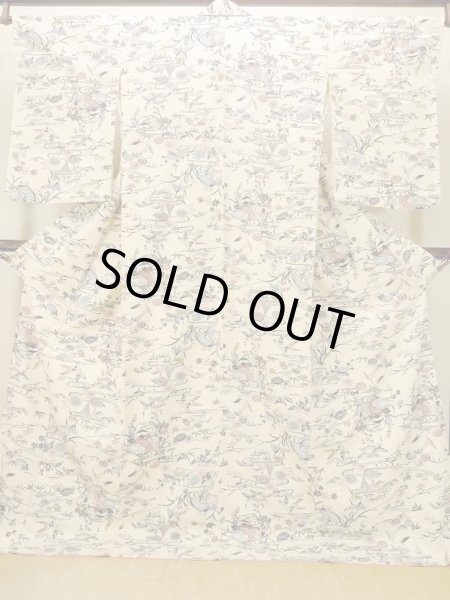 Photo1: N1211D Used Japanese kimono   Ivory KOMON dyed for women / Silk. Chrysanthemum,   (Grade B) (1)