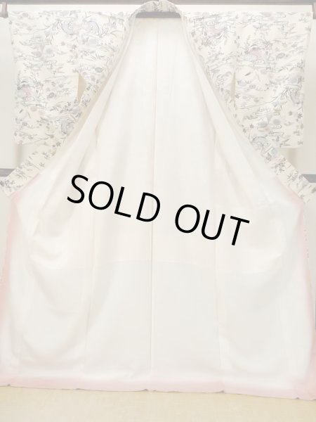 Photo2: N1211D Used Japanese kimono   Ivory KOMON dyed for women / Silk. Chrysanthemum,   (Grade B) (2)