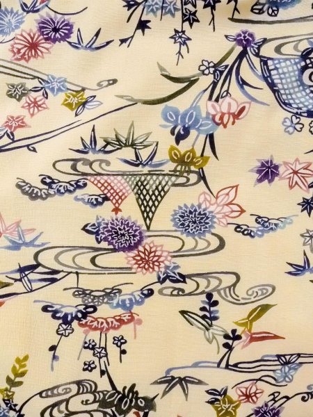 Photo3: N1211D Used Japanese kimono   Ivory KOMON dyed for women / Silk. Chrysanthemum,   (Grade B) (3)
