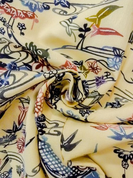 Photo12: N1211D Used Japanese kimono   Ivory KOMON dyed for women / Silk. Chrysanthemum,   (Grade B) (12)