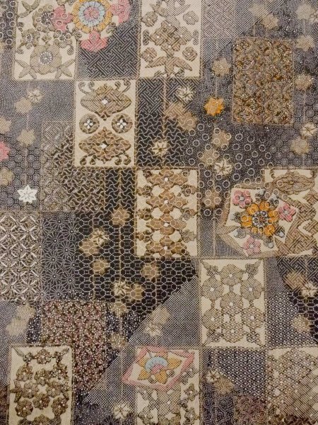 Photo4: N1211F Used Japanese kimono  Dark Multi Color Dyed OSHIMA-TSUMUGI for women / Silk. MOMIJI maple leaf,   (Grade B) (4)