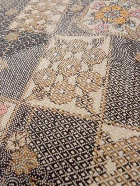 Photo8: N1211F Used Japanese kimono  Dark Multi Color Dyed OSHIMA-TSUMUGI for women / Silk. MOMIJI maple leaf,   (Grade B) (8)