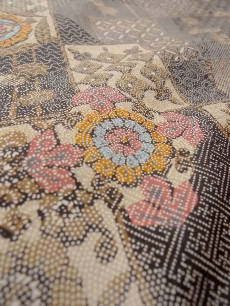 Photo10: N1211F Used Japanese kimono  Dark Multi Color Dyed OSHIMA-TSUMUGI for women / Silk. MOMIJI maple leaf,   (Grade B) (10)