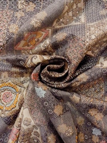 Photo12: N1211F Used Japanese kimono  Dark Multi Color Dyed OSHIMA-TSUMUGI for women / Silk. MOMIJI maple leaf,   (Grade B) (12)