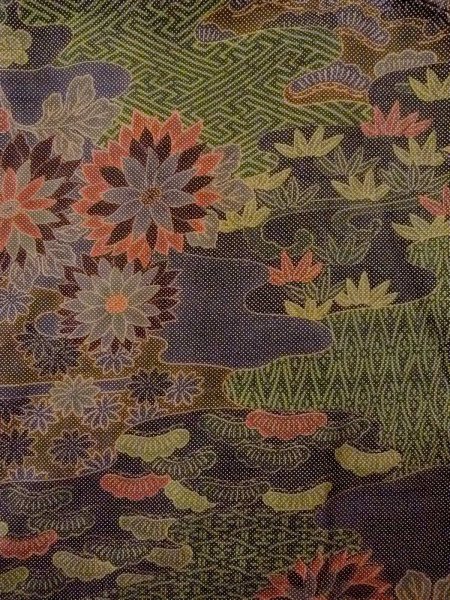 Photo3: Mint N1211G Used Japanese kimono  Dark Multi Color OSHIMA-TSUMUGI for women / Silk. Chrysanthemum,   (Grade A) (3)
