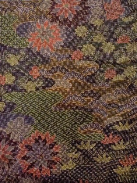 Photo4: Mint N1211G Used Japanese kimono  Dark Multi Color OSHIMA-TSUMUGI for women / Silk. Chrysanthemum,   (Grade A) (4)