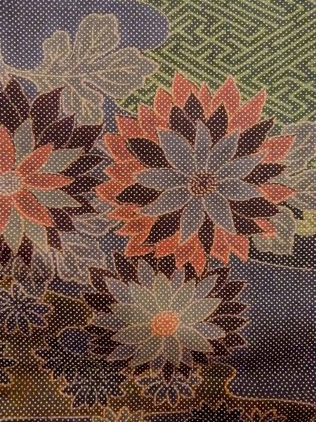 Photo5: Mint N1211G Used Japanese kimono  Dark Multi Color OSHIMA-TSUMUGI for women / Silk. Chrysanthemum,   (Grade A) (5)