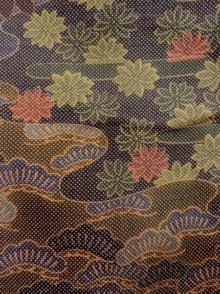 Photo6: Mint N1211G Used Japanese kimono  Dark Multi Color OSHIMA-TSUMUGI for women / Silk. Chrysanthemum,   (Grade A) (6)