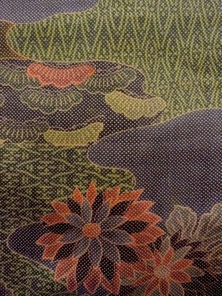 Photo7: Mint N1211G Used Japanese kimono  Dark Multi Color OSHIMA-TSUMUGI for women / Silk. Chrysanthemum,   (Grade A) (7)