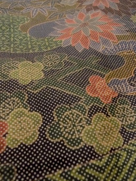 Photo8: Mint N1211G Used Japanese kimono  Dark Multi Color OSHIMA-TSUMUGI for women / Silk. Chrysanthemum,   (Grade A) (8)
