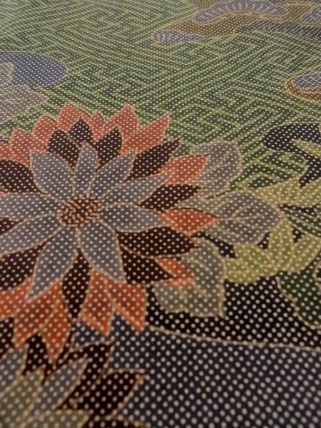 Photo9: Mint N1211G Used Japanese kimono  Dark Multi Color OSHIMA-TSUMUGI for women / Silk. Chrysanthemum,   (Grade A) (9)