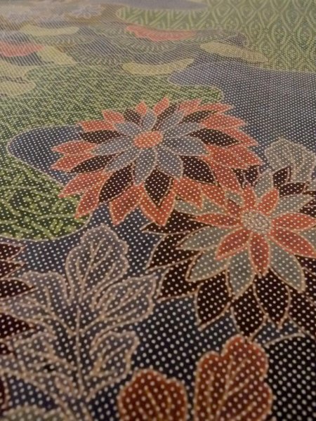 Photo10: Mint N1211G Used Japanese kimono  Dark Multi Color OSHIMA-TSUMUGI for women / Silk. Chrysanthemum,   (Grade A) (10)