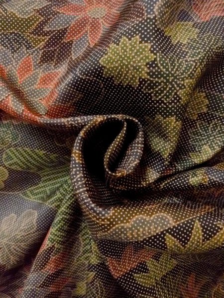 Photo11: Mint N1211G Used Japanese kimono  Dark Multi Color OSHIMA-TSUMUGI for women / Silk. Chrysanthemum,   (Grade A) (11)