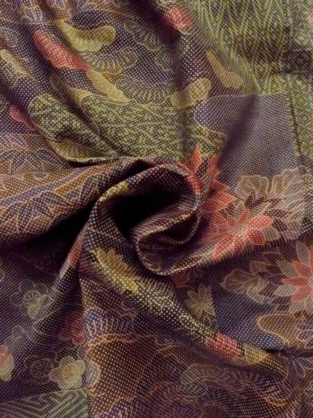 Photo12: Mint N1211G Used Japanese kimono  Dark Multi Color OSHIMA-TSUMUGI for women / Silk. Chrysanthemum,   (Grade A) (12)