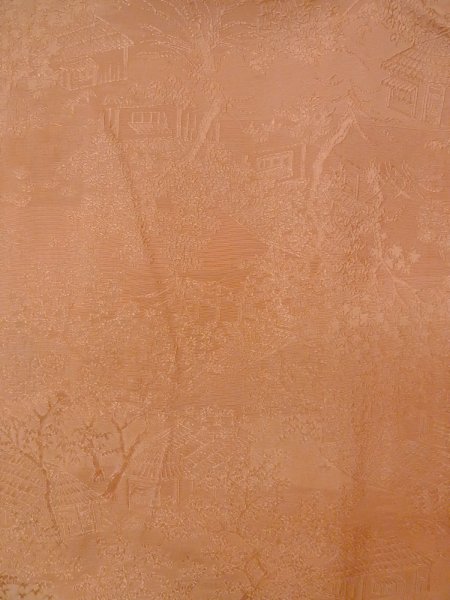 Photo4: O0117A Vintage Japanese kimono  Pale Beige IROMUJI plain colored for women / Silk. Landscape, Landscape, tree basic woven pattern  (Grade C) (4)