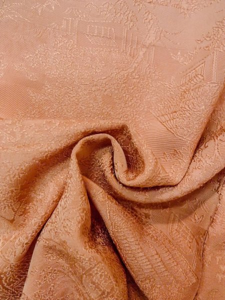 Photo12: O0117A Vintage Japanese kimono  Pale Beige IROMUJI plain colored for women / Silk. Landscape, Landscape, tree basic woven pattern  (Grade C) (12)