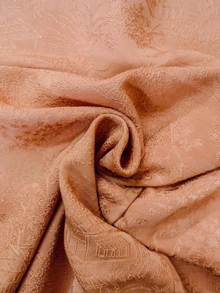 Photo13: O0117A Vintage Japanese kimono  Pale Beige IROMUJI plain colored for women / Silk. Landscape, Landscape, tree basic woven pattern  (Grade C) (13)