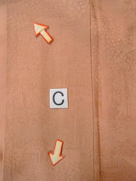 Photo17: O0117A Vintage Japanese kimono  Pale Beige IROMUJI plain colored for women / Silk. Landscape, Landscape, tree basic woven pattern  (Grade C) (17)