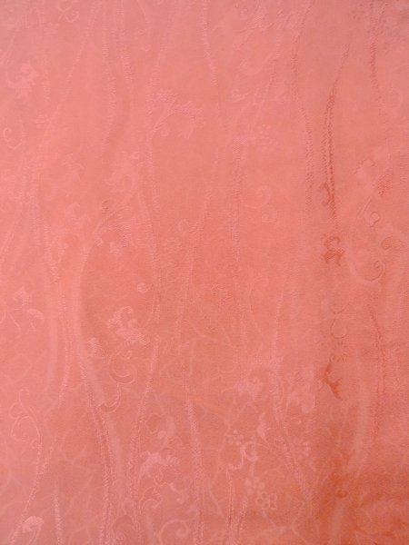 Photo3: O0117F Vintage Japanese kimono Shiny Pale Orange IROMUJI plain colored for women / Silk.  Curved lines basic woven pattern  (Grade B) (3)