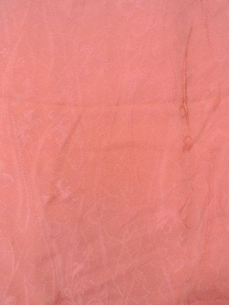 Photo4: O0117F Vintage Japanese kimono Shiny Pale Orange IROMUJI plain colored for women / Silk.  Curved lines basic woven pattern  (Grade B) (4)