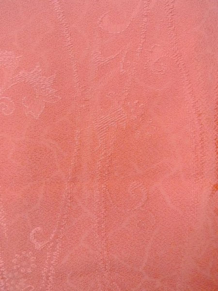 Photo7: O0117F Vintage Japanese kimono Shiny Pale Orange IROMUJI plain colored for women / Silk.  Curved lines basic woven pattern  (Grade B) (7)