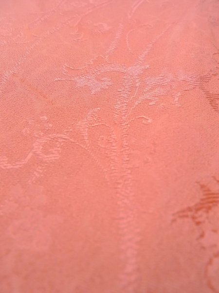 Photo8: O0117F Vintage Japanese kimono Shiny Pale Orange IROMUJI plain colored for women / Silk.  Curved lines basic woven pattern  (Grade B) (8)