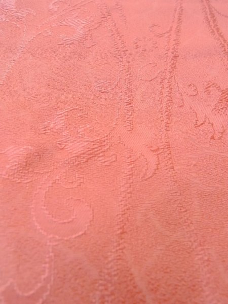 Photo9: O0117F Vintage Japanese kimono Shiny Pale Orange IROMUJI plain colored for women / Silk.  Curved lines basic woven pattern  (Grade B) (9)