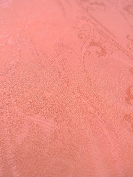 Photo10: O0117F Vintage Japanese kimono Shiny Pale Orange IROMUJI plain colored for women / Silk.  Curved lines basic woven pattern  (Grade B) (10)