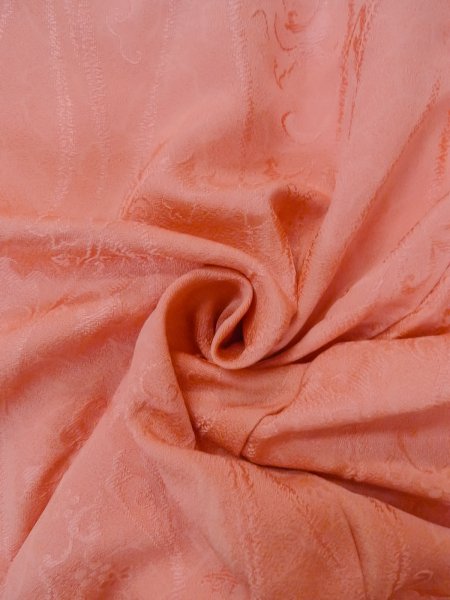Photo11: O0117F Vintage Japanese kimono Shiny Pale Orange IROMUJI plain colored for women / Silk.  Curved lines basic woven pattern  (Grade B) (11)