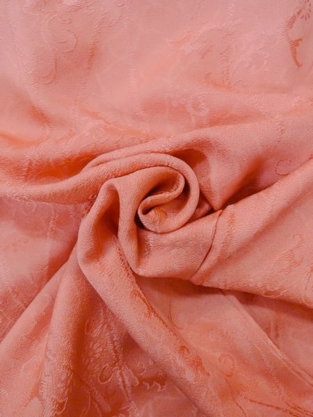 Photo12: O0117F Vintage Japanese kimono Shiny Pale Orange IROMUJI plain colored for women / Silk.  Curved lines basic woven pattern  (Grade B) (12)