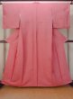Photo1: O0117N Vintage Japanese kimono   Pink IROMUJI plain colored for women / Silk.  Base woven pattern: Gap in a cloud, Square piece of fancy paper, abstract pattern  (Grade B) (1)