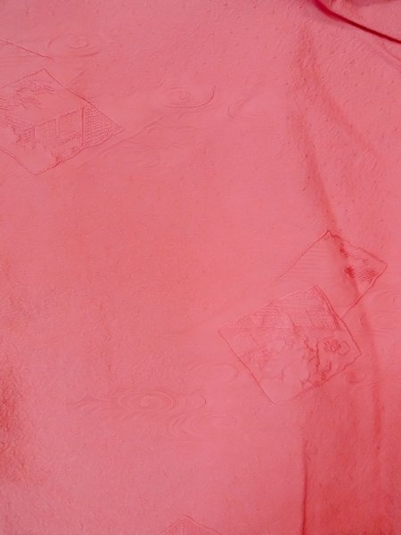 Photo3: O0117N Vintage Japanese kimono   Pink IROMUJI plain colored for women / Silk.  Base woven pattern: Gap in a cloud, Square piece of fancy paper, abstract pattern  (Grade B) (3)