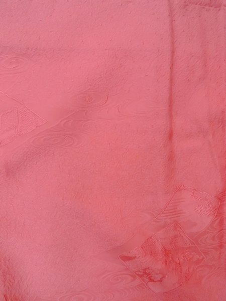 Photo4: O0117N Vintage Japanese kimono   Pink IROMUJI plain colored for women / Silk.  Base woven pattern: Gap in a cloud, Square piece of fancy paper, abstract pattern  (Grade B) (4)