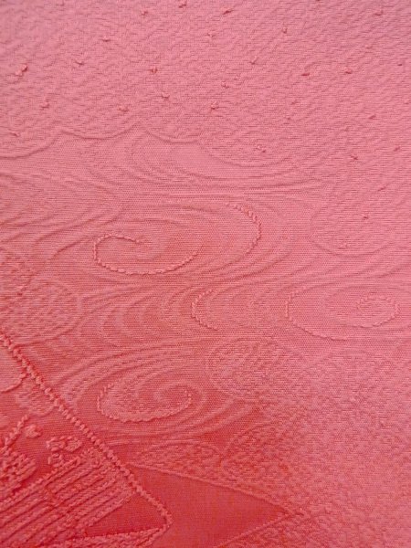Photo6: O0117N Vintage Japanese kimono   Pink IROMUJI plain colored for women / Silk.  Base woven pattern: Gap in a cloud, Square piece of fancy paper, abstract pattern  (Grade B) (6)