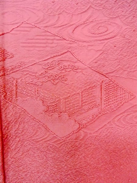 Photo7: O0117N Vintage Japanese kimono   Pink IROMUJI plain colored for women / Silk.  Base woven pattern: Gap in a cloud, Square piece of fancy paper, abstract pattern  (Grade B) (7)