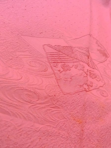 Photo8: O0117N Vintage Japanese kimono   Pink IROMUJI plain colored for women / Silk.  Base woven pattern: Gap in a cloud, Square piece of fancy paper, abstract pattern  (Grade B) (8)