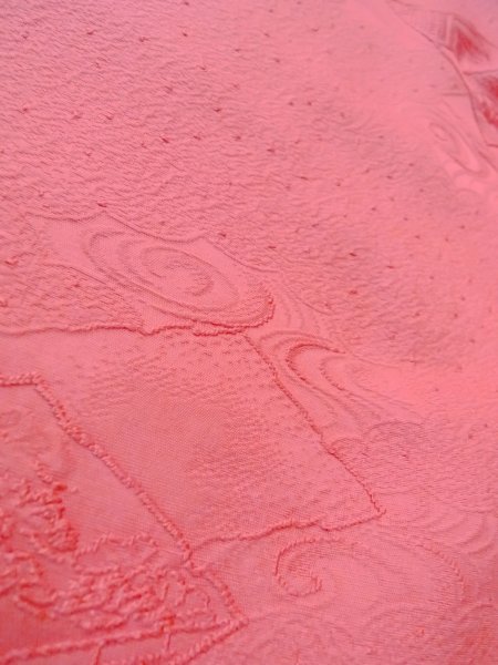 Photo10: O0117N Vintage Japanese kimono   Pink IROMUJI plain colored for women / Silk.  Base woven pattern: Gap in a cloud, Square piece of fancy paper, abstract pattern  (Grade B) (10)