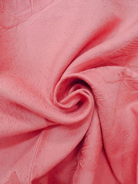 Photo12: O0117N Vintage Japanese kimono   Pink IROMUJI plain colored for women / Silk.  Base woven pattern: Gap in a cloud, Square piece of fancy paper, abstract pattern  (Grade B) (12)